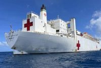 The U.S. Navy hospital ship USNS Mercy anchors off Chuuk, Micronesia, in January 2024 as part of the Pacific Partnership humanitarian assistance and disaster relief preparedness mission.
IMAGE CREDIT: ENSIGN LACY BURKETT/U.S. NAVY