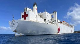 The U.S. Navy hospital ship USNS Mercy anchors off Chuuk, Micronesia, in January 2024 as part of the Pacific Partnership humanitarian assistance and disaster relief preparedness mission.
IMAGE CREDIT: ENSIGN LACY BURKETT/U.S. NAVY