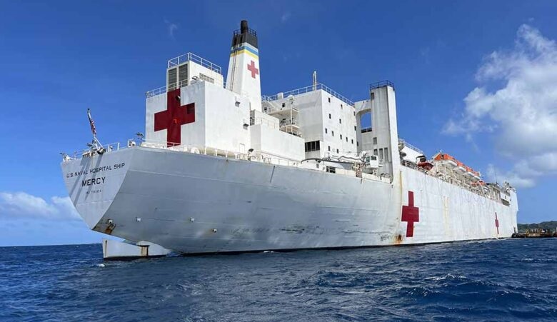 The U.S. Navy hospital ship USNS Mercy anchors off Chuuk, Micronesia, in January 2024 as part of the Pacific Partnership humanitarian assistance and disaster relief preparedness mission.
IMAGE CREDIT: ENSIGN LACY BURKETT/U.S. NAVY