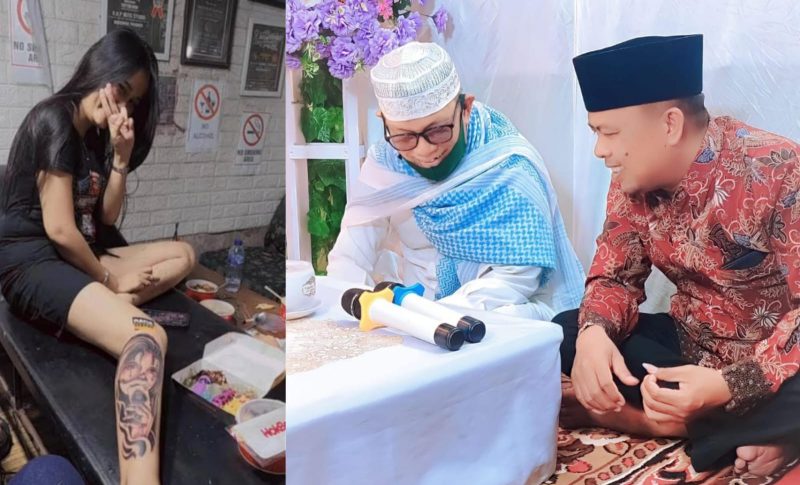 Foto ilustrasi perempuan bertato (kiri), Tokoh agama KH. Ad-dailamy bersama Kades Joni Junaidi